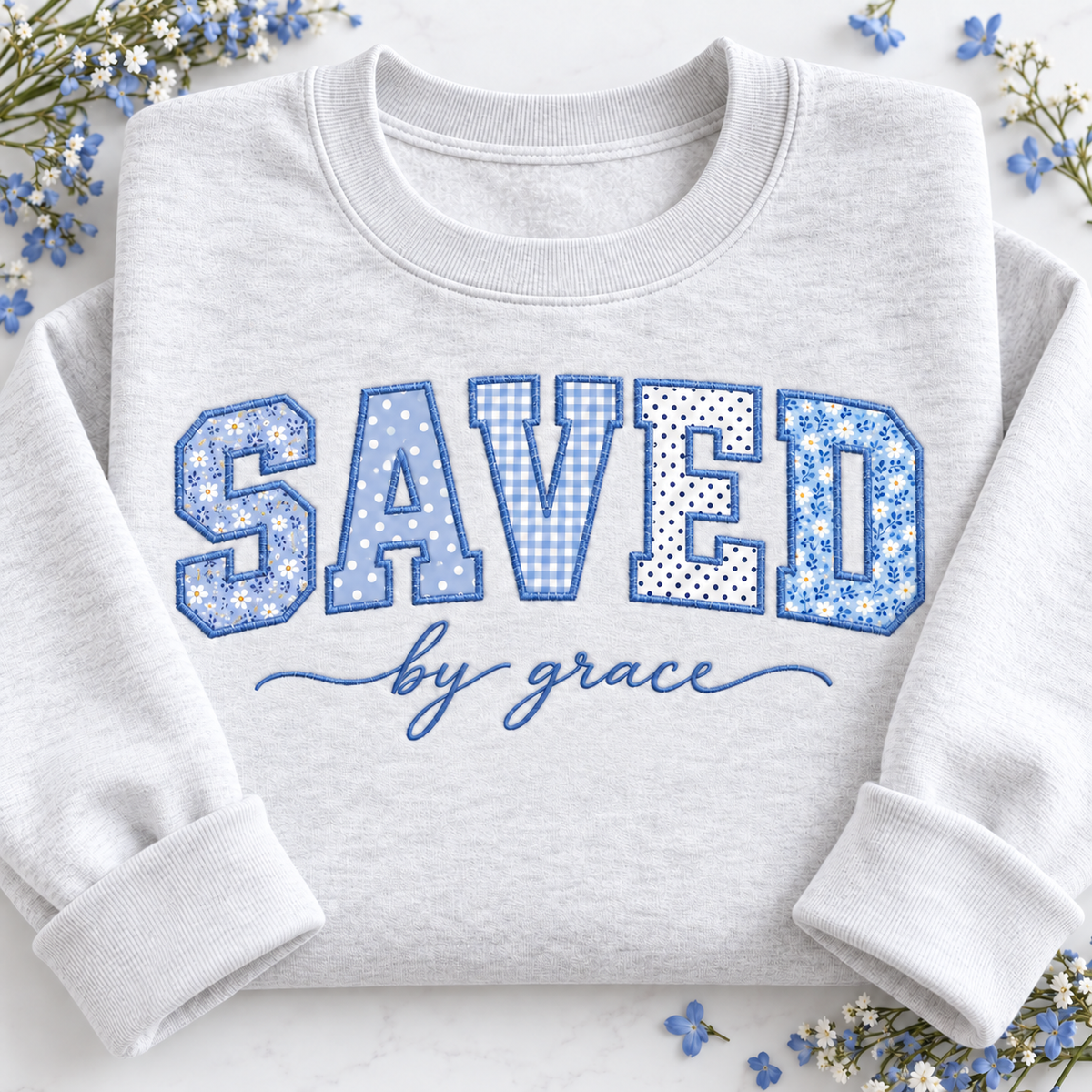Personalized Bible Verse Appliqué Sweatshirt - Saved by Grace Embroidered Christian Crewneck