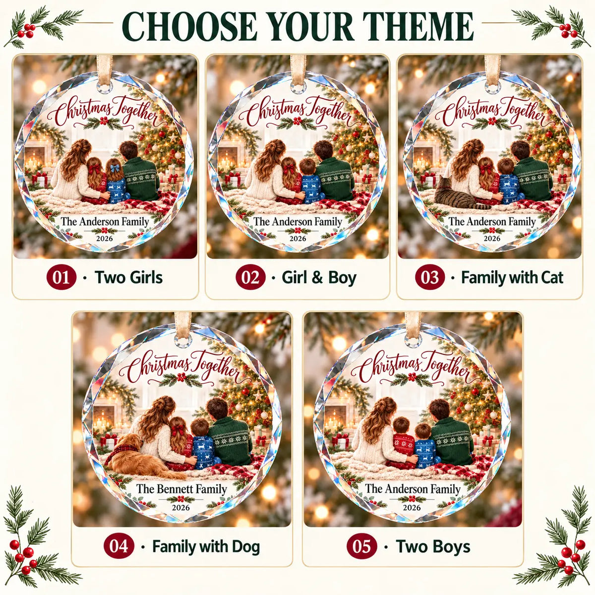 Personalized Christmas Together Family Glass Ornament - Custom Family Name & Year