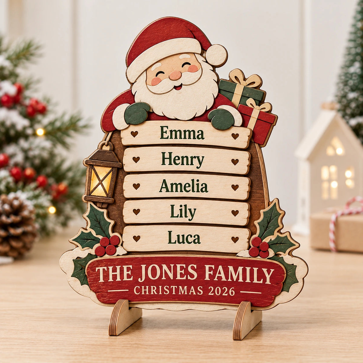 Personalized Family Christmas Santa Sign 2026 - Custom Name 3D Layered Wooden Tabletop Decor
