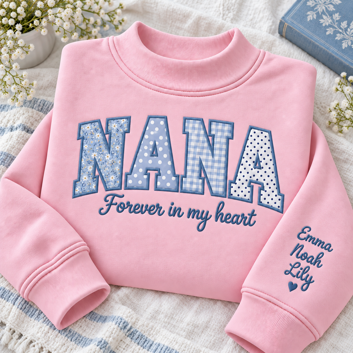 Personalized Nana Mock Neck Sweatshirt - Patchwork Appliqué with Grandkids Names
