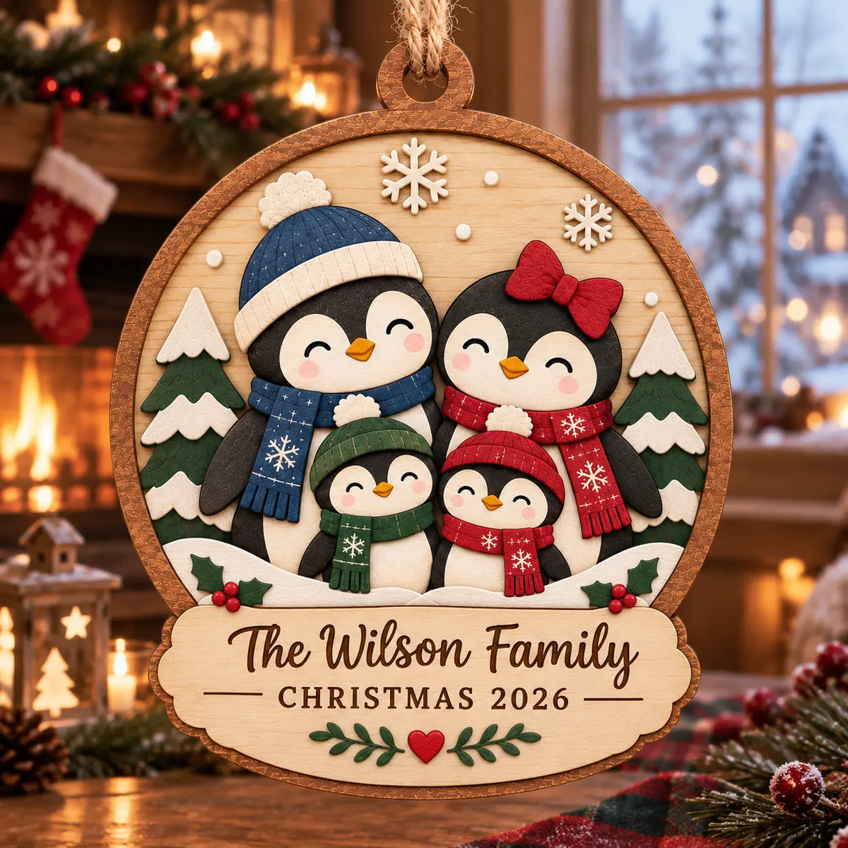 Personalized Wooden Penguin Family Christmas Ornament 2026 - Custom Family Name, Family of 4 Tree Bauble