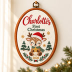 Personalized Baby's First Christmas Reindeer Embroidery Hoop 2026 - Custom Name Nursery Wall Art