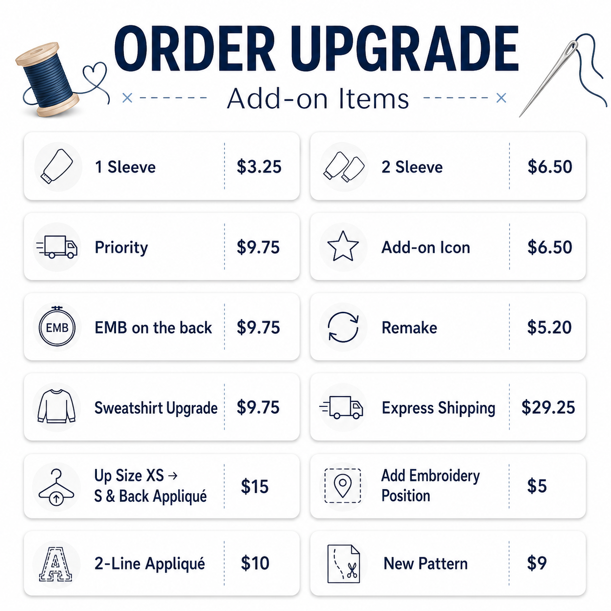 Order Upgrade, Add-on Items