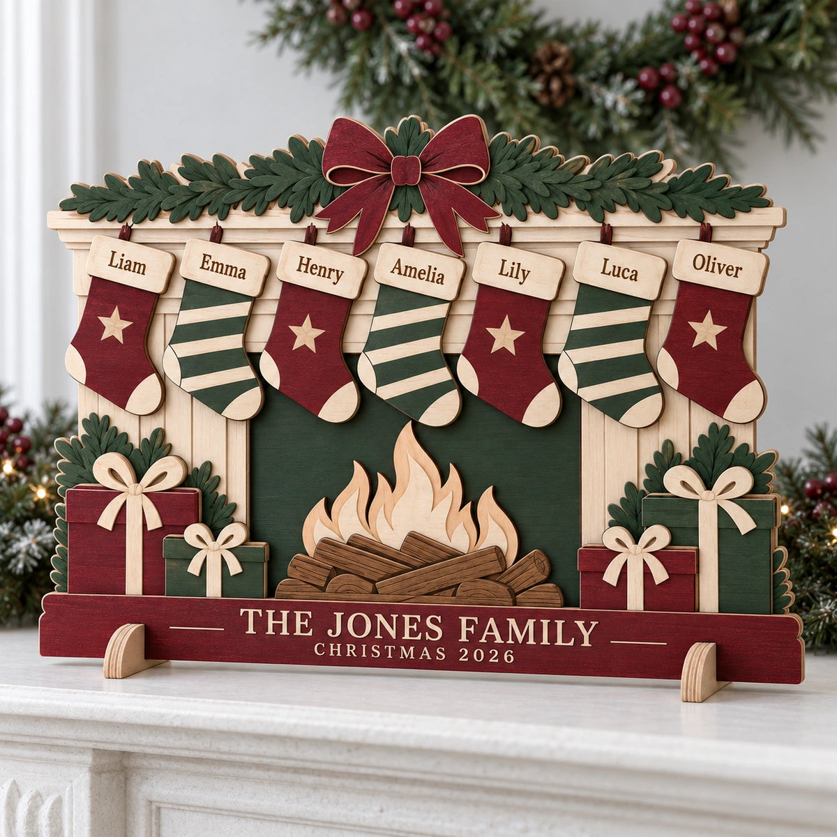 Personalized Family Stocking Fireplace Sign - Custom Names Wooden Christmas Tabletop Decor