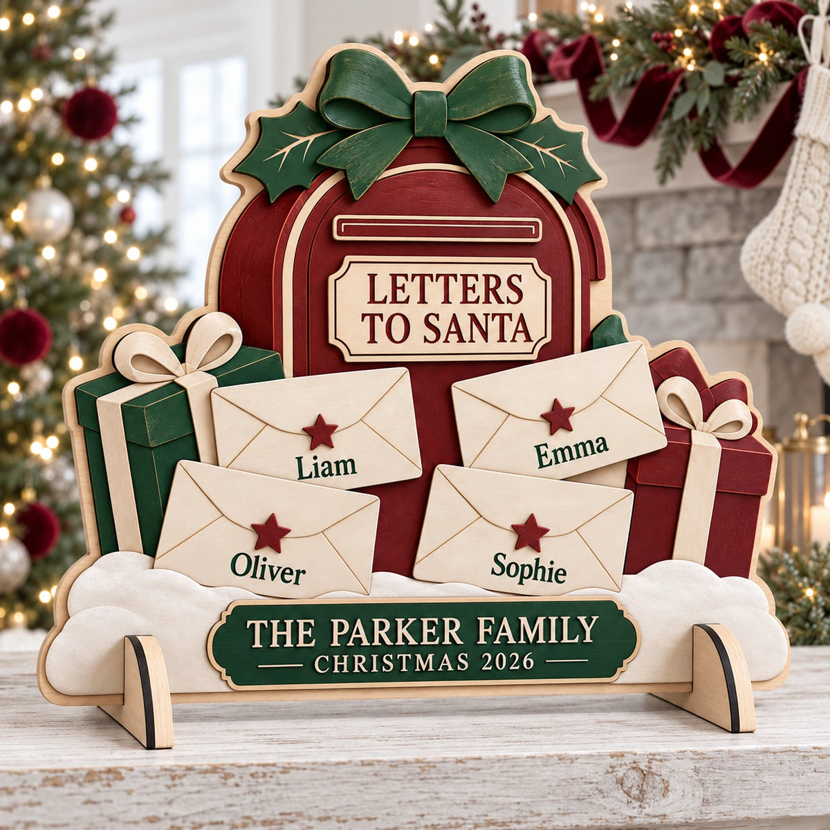 Personalized Letters to Santa Wooden Sign - Custom Family Names Christmas Mailbox Decor