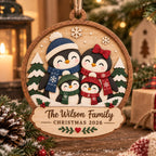 Personalized Wooden Penguin Family Christmas Ornament 2026 - Custom Family Name, Family of 4 Tree Bauble