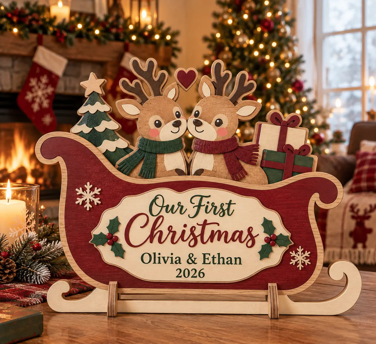Personalized Couple First Christmas Wooden Sleigh Sign 2026 - Custom Name 3D Layered Wood Decor