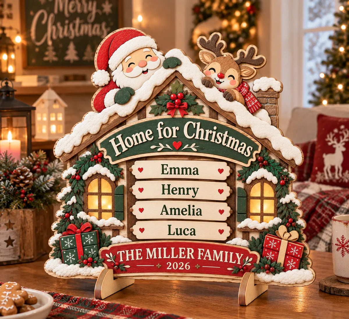 Personalized Family Christmas Wooden House Sign 2026 - Custom Name Santa & Reindeer 3D Layered Decor