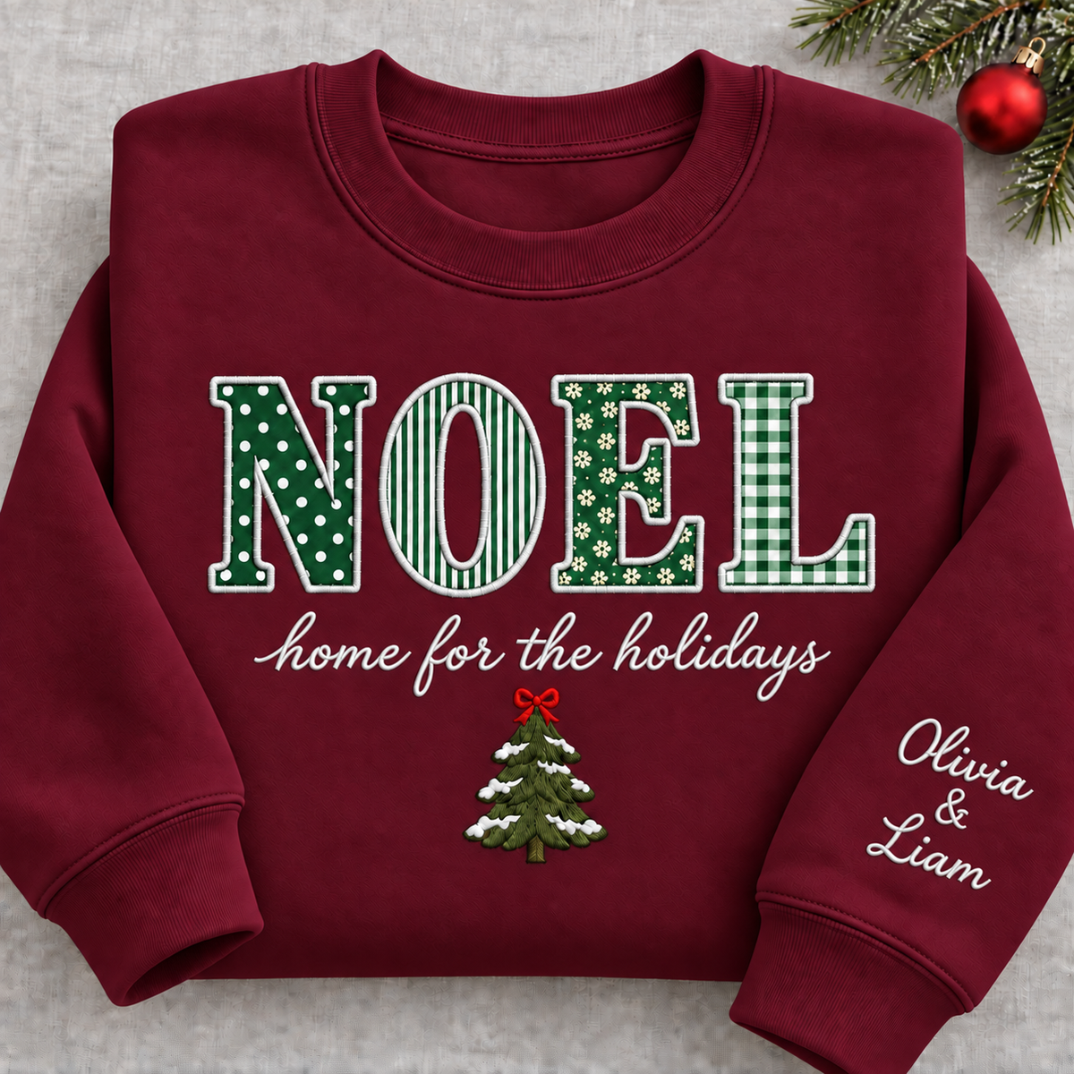 Personalized Noel Appliqué Christmas Sweatshirt - Home for the Holidays Crewneck