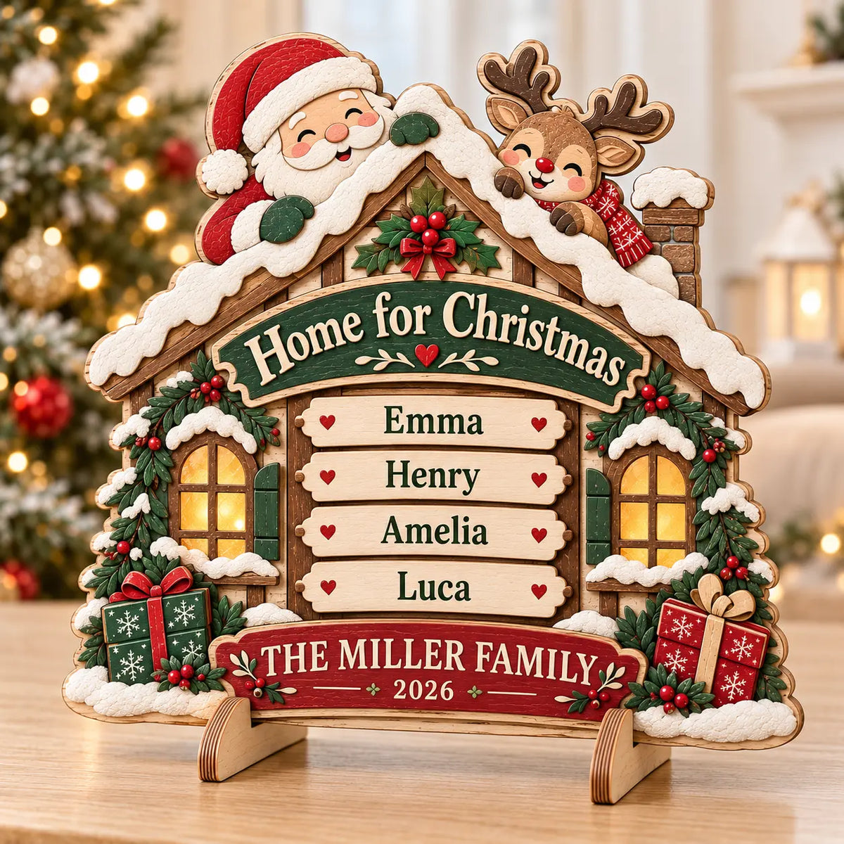 Personalized Family Christmas Wooden House Sign 2026 - Custom Name Santa & Reindeer 3D Layered Decor