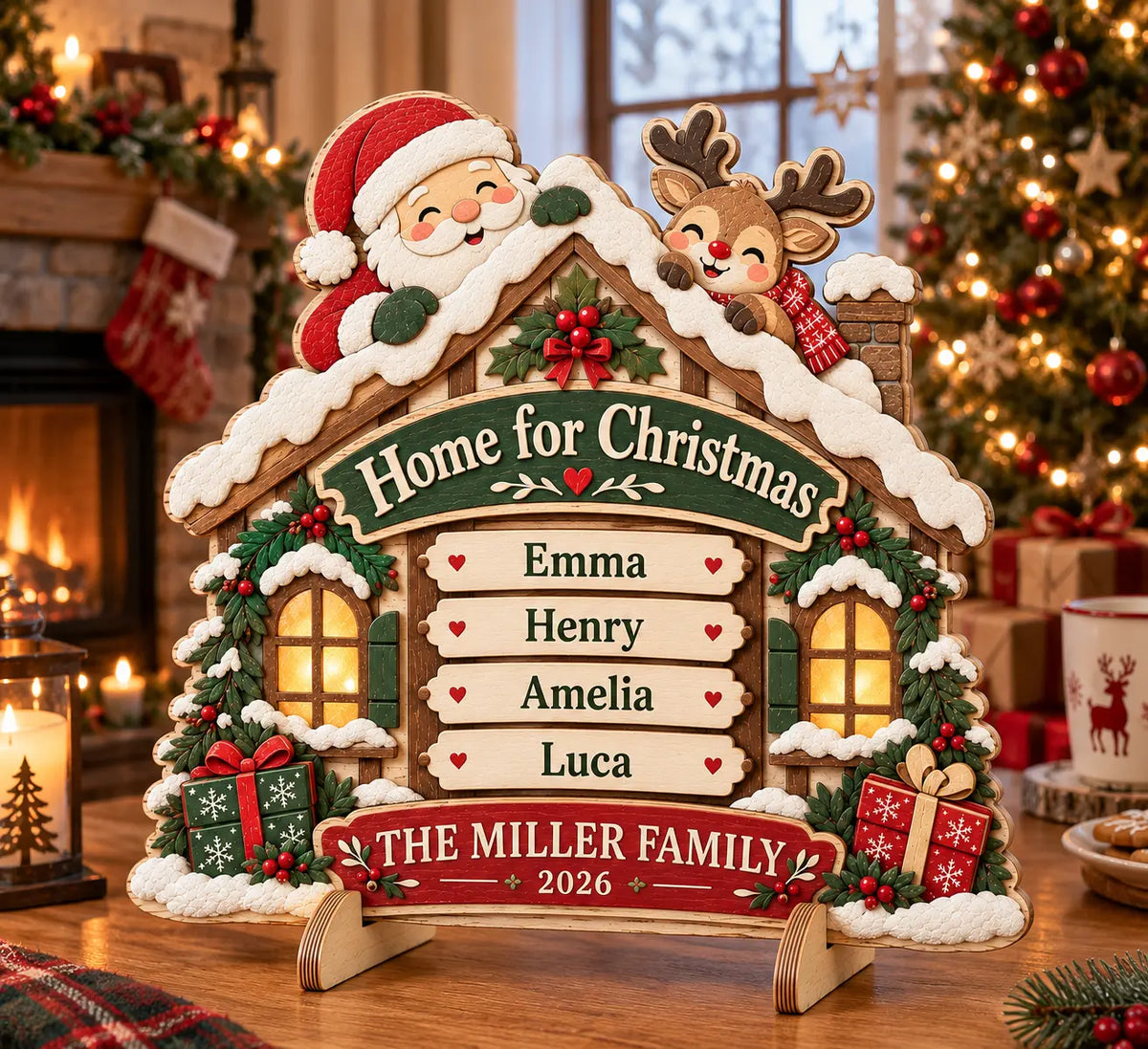 Personalized Family Christmas Wooden House Sign 2026 - Custom Name Santa & Reindeer 3D Layered Decor