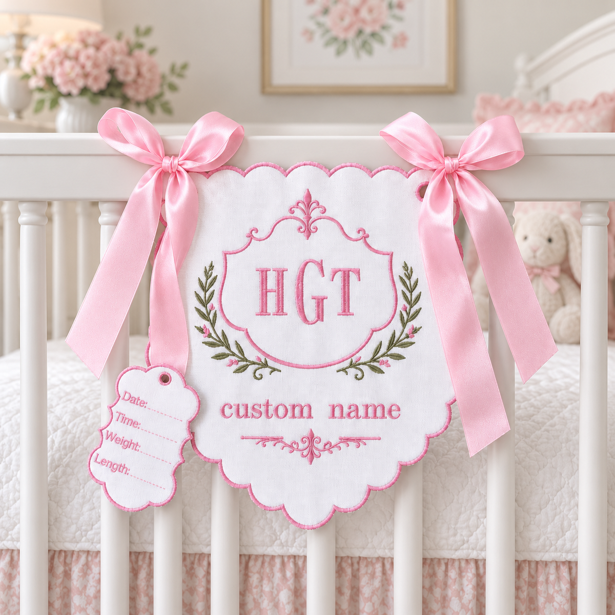 Personalized Baby Name Nursery Sign - Embroidered Monogram Banner with Birth Details Tag