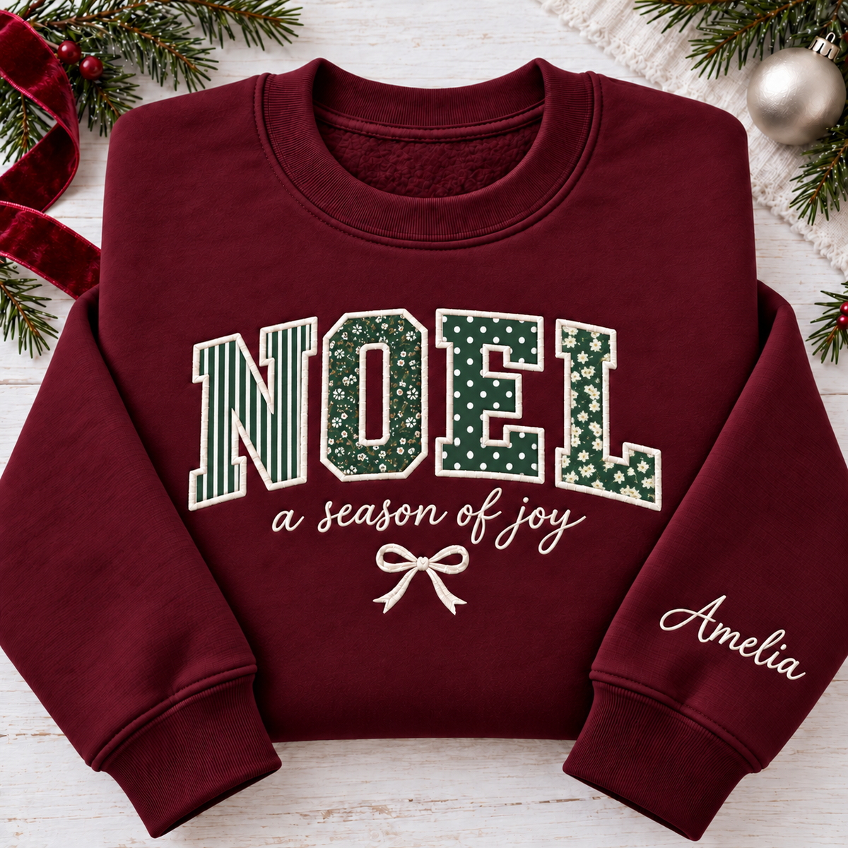 Custom Christmas Appliqué Sweatshirt - Personalized Holiday Text & Sleeve Name
