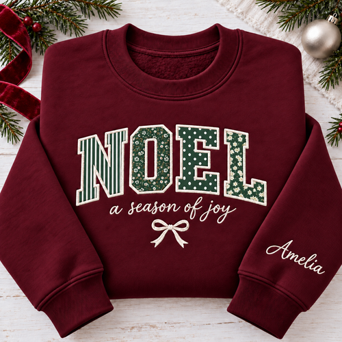 Custom Christmas Appliqué Sweatshirt - Personalized Holiday Text & Sleeve Name