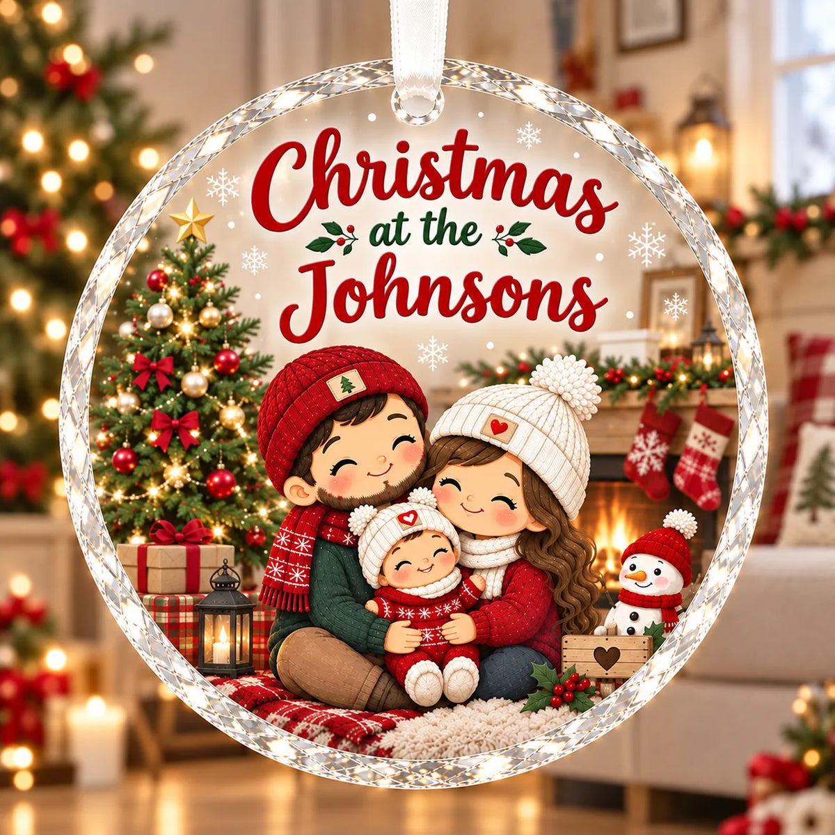 Personalized Family of 3 Christmas Ornament - Custom Family Name Glass Tree Bauble 2026