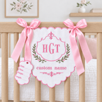 Personalized Baby Name Nursery Sign - Embroidered Monogram Banner with Birth Details Tag