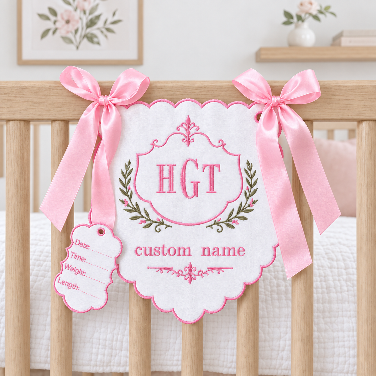 Personalized Baby Name Nursery Sign - Embroidered Monogram Banner with Birth Details Tag