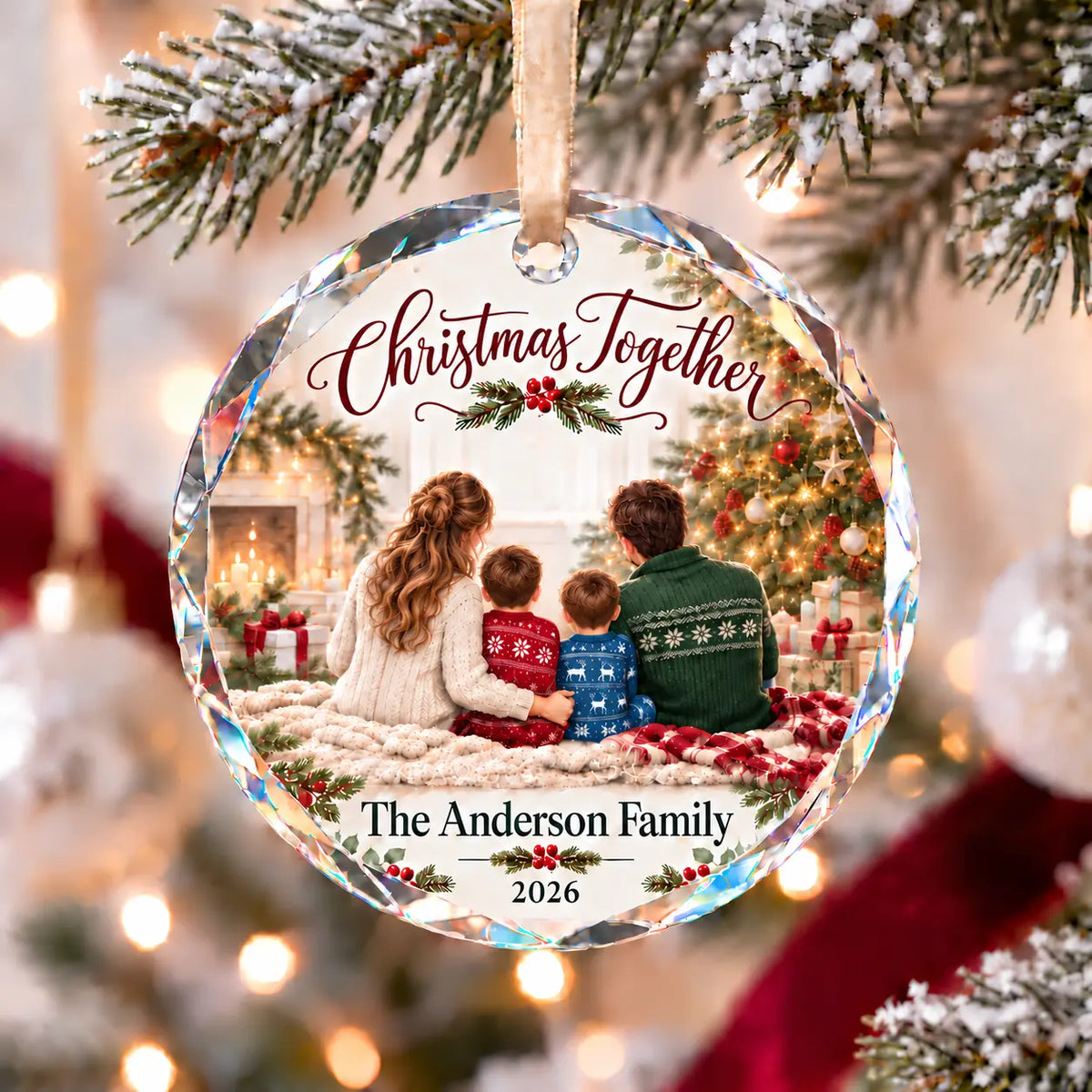 Personalized Christmas Together Family Glass Ornament - Custom Family Name & Year