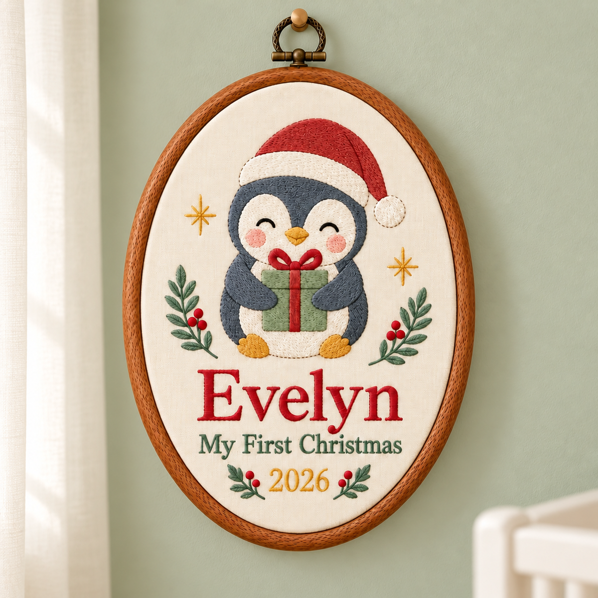 Personalized Baby's First Christmas Penguin Embroidery Hoop 2026 - Gift Box Nursery Wall Decor