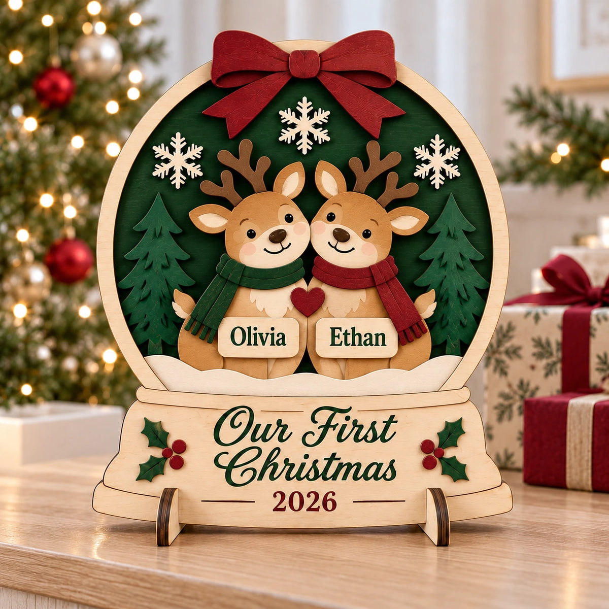 Personalized Couple First Christmas Snow Globe Sign 2026 - Custom Name Reindeer 3D Layered Wood Decor