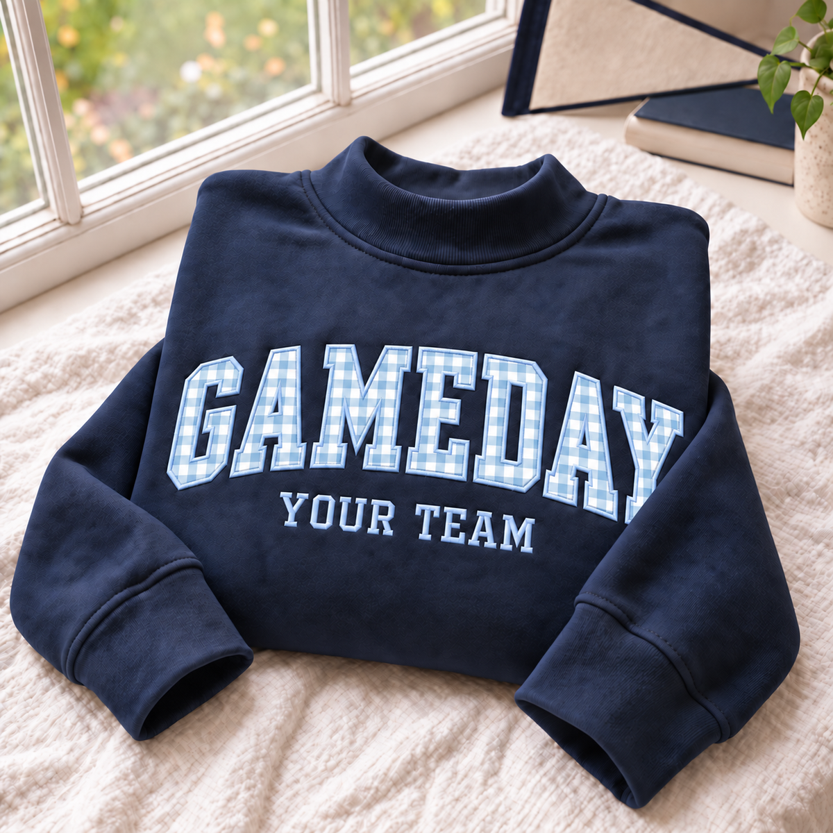 Personalized Gameday Sweatshirt – Custom Team Name Gingham Appliqué Varsity Sweater