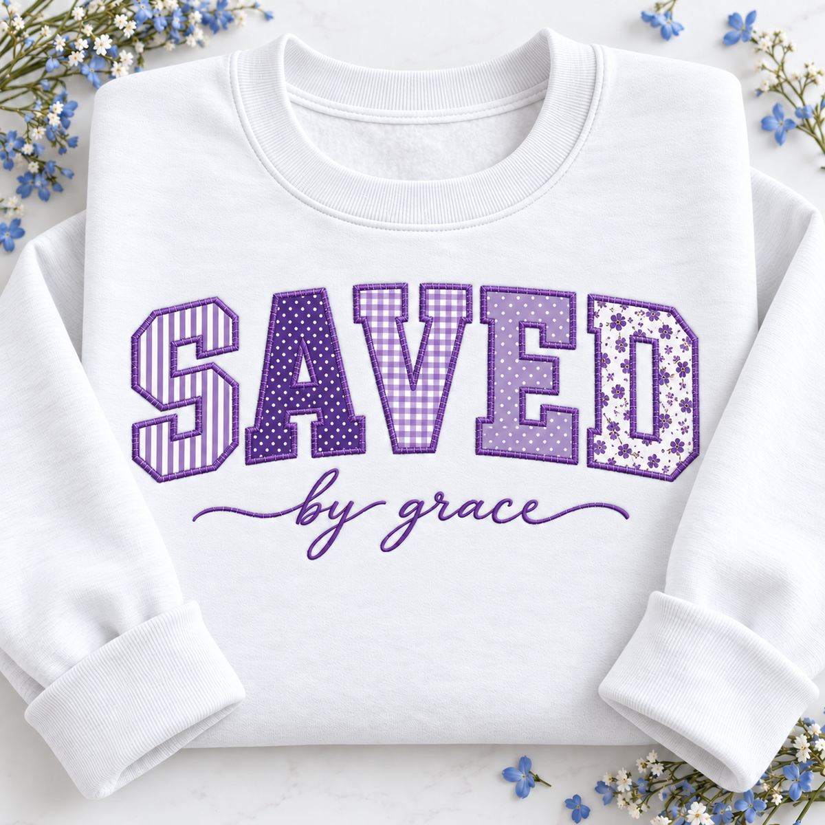 Personalized Bible Verse Appliqué Sweatshirt - Saved by Grace Embroidered Christian Crewneck