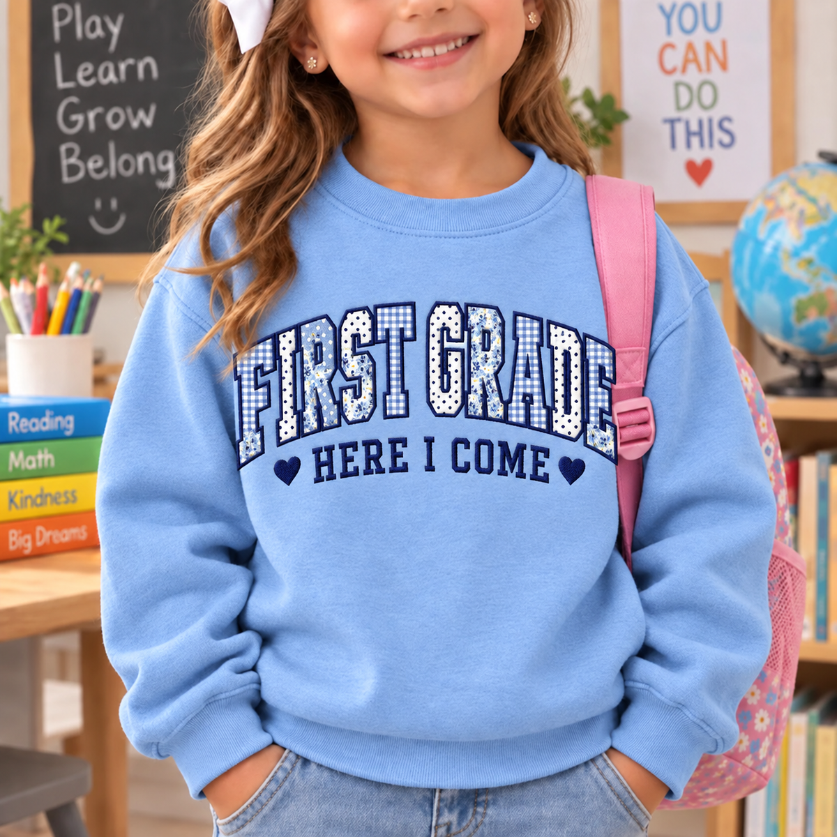 Girls Elementary School Sweatshirt - Colorful Scholar Applique Youth Crewneck