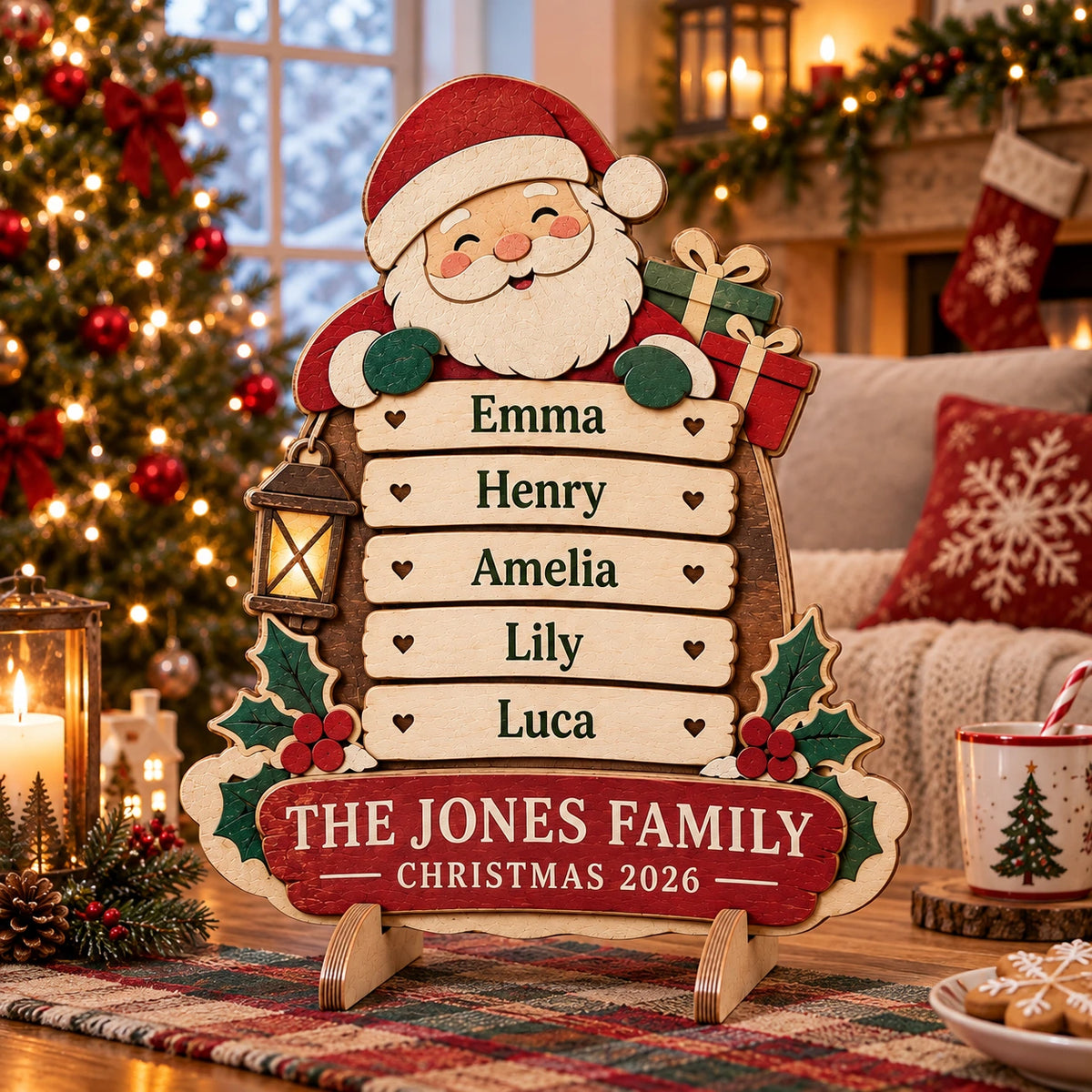 Personalized Family Christmas Santa Sign 2026 - Custom Name 3D Layered Wooden Tabletop Decor