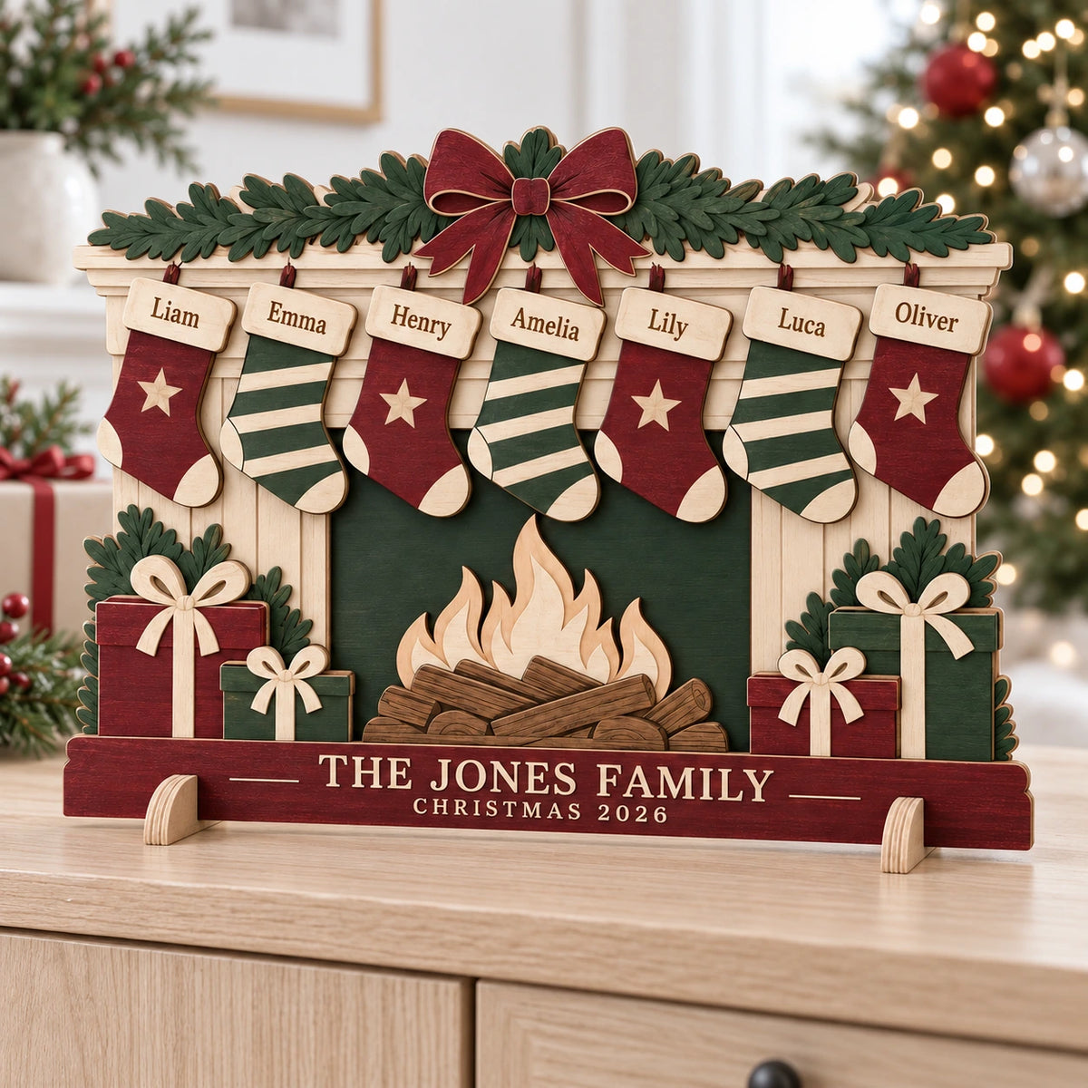 Personalized Family Stocking Fireplace Sign - Custom Names Wooden Christmas Tabletop Decor