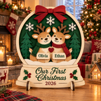Personalized Couple First Christmas Snow Globe Sign 2026 - Custom Name Reindeer 3D Layered Wood Decor