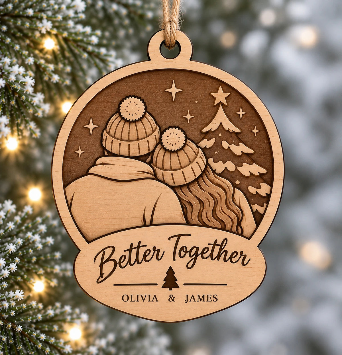 Personalized Better Together Christmas Ornament - Custom Couple Name Layered Wood