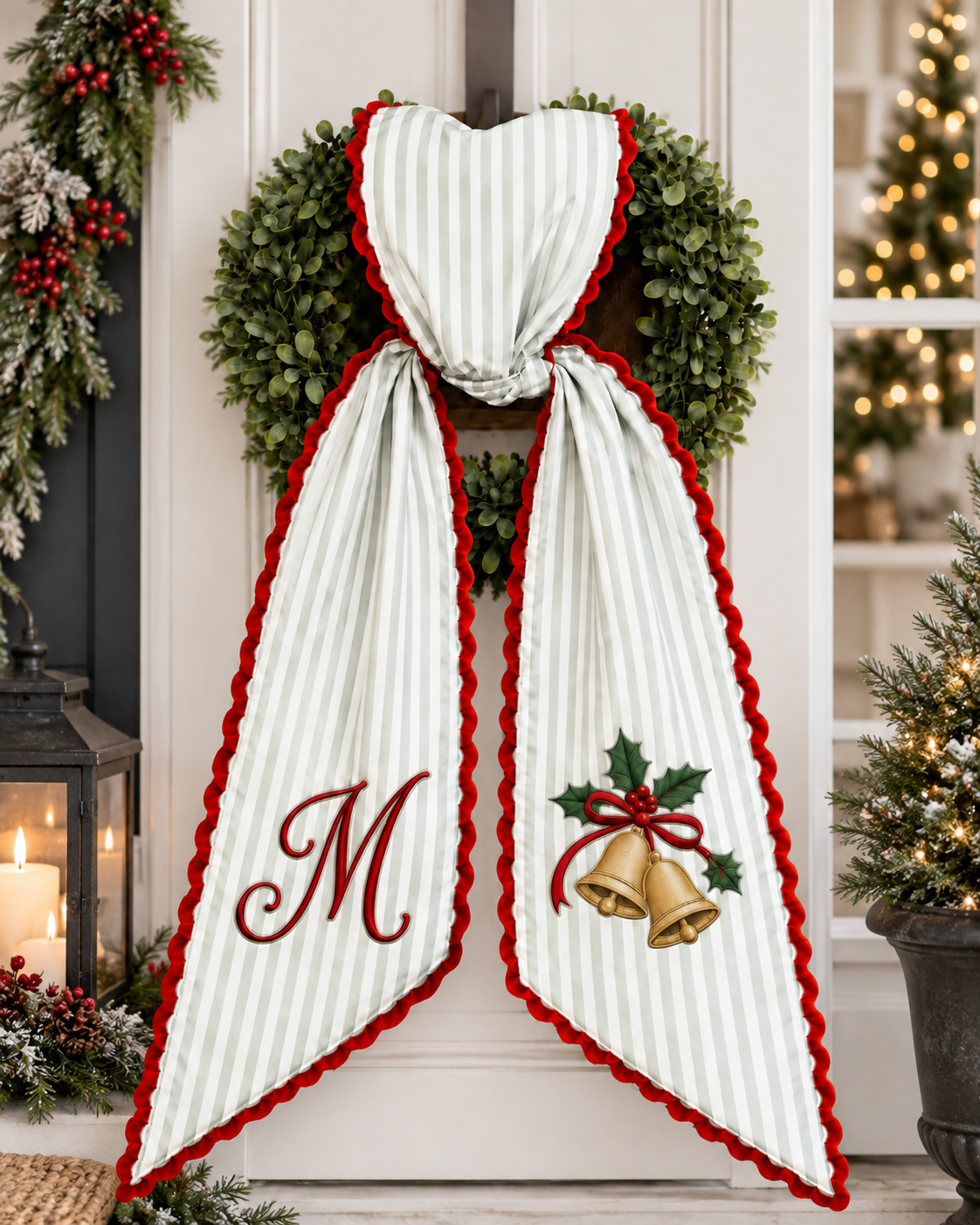 Personalized Christmas Wreath Sash - Monogram Bell Front Door Bow