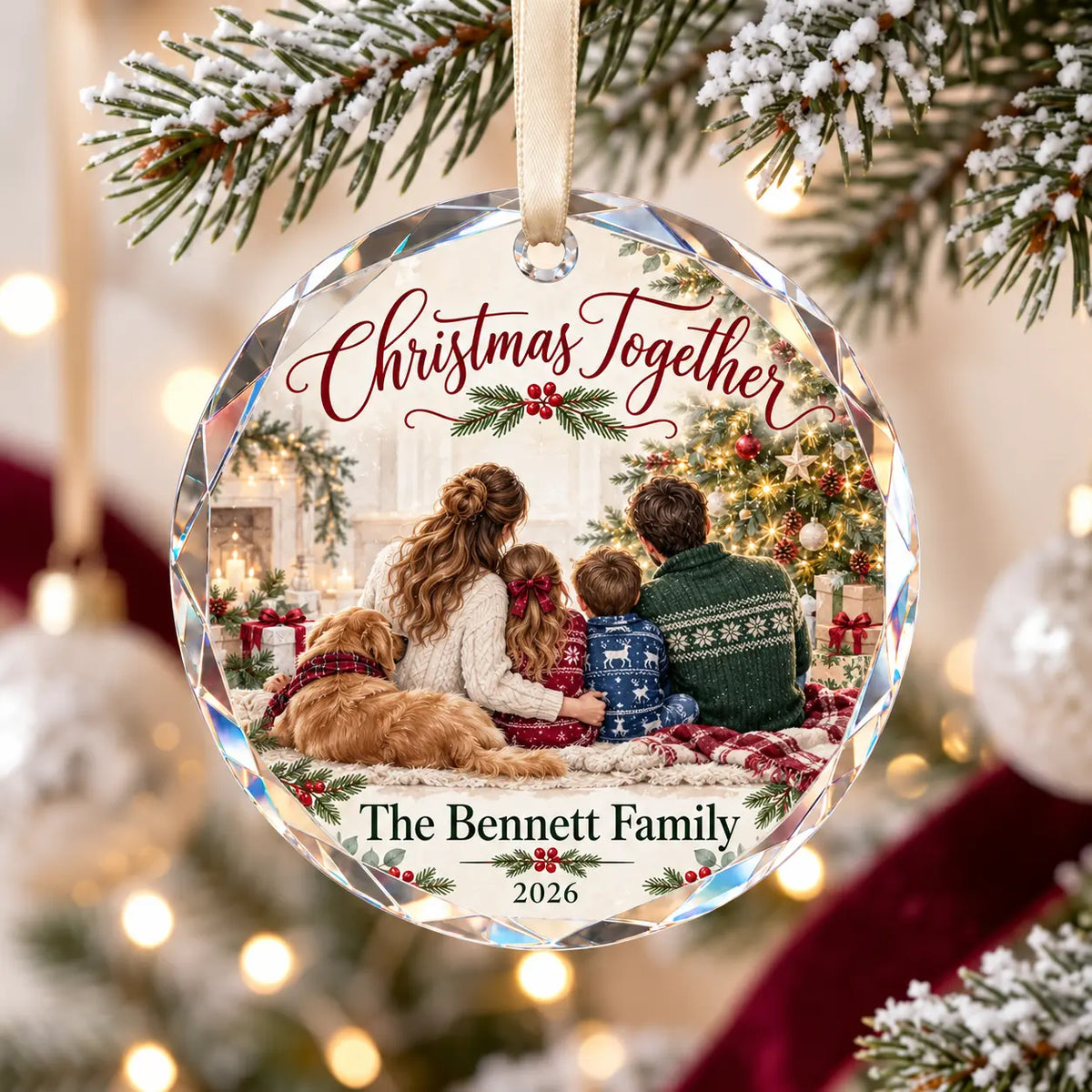 Personalized Christmas Together Family Glass Ornament - Custom Family Name & Year