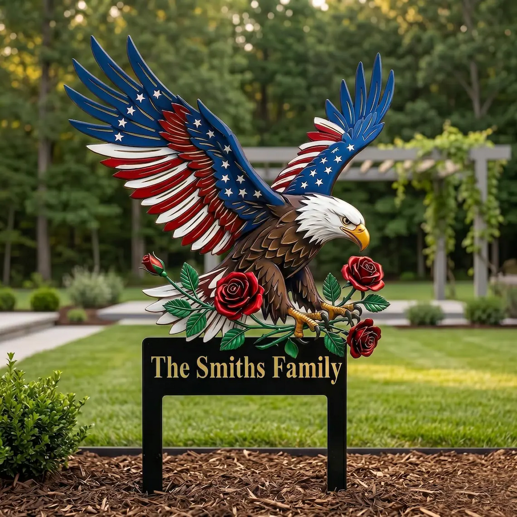 Personalized American Eagle Metal Sign with Stake, Floral Patriotic Garden Welcome Sign, Custom Family Name 4th of July Gift, Veteran Gift
