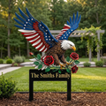 Personalized American Eagle Metal Sign with Stake, Floral Patriotic Garden Welcome Sign, Custom Family Name 4th of July Gift, Veteran Gift