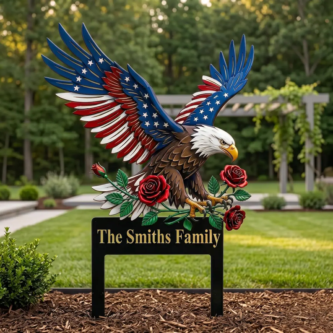 Personalized American Eagle Metal Sign with Stake, Floral Patriotic Garden Welcome Sign, Custom Family Name 4th of July Gift, Veteran Gift