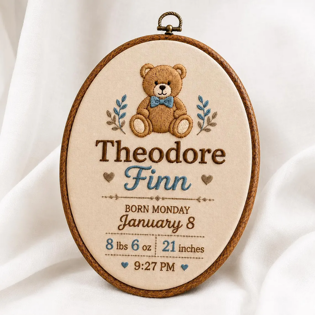 Personalized Birth Announcement Teddy Bear Embroidery Hoop, Custom Baby Name Birth Stats Hoop, Newborn Nursery Wall Decor, Baby Shower Gift