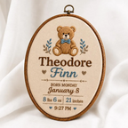 Personalized Birth Announcement Teddy Bear Embroidery Hoop, Custom Baby Name Birth Stats Hoop, Newborn Nursery Wall Decor, Baby Shower Gift