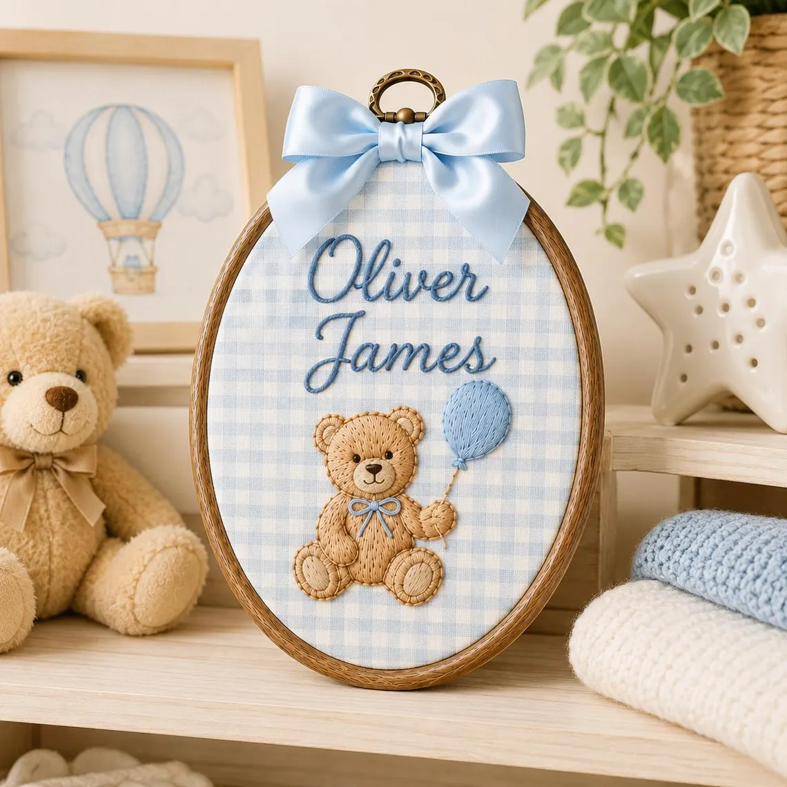 Personalized Embroidered Teddy Bear Baby Name Hoop, Custom Nursery Wall Decor, Baby Name Reveal Sign, Newborn Keepsake Gift