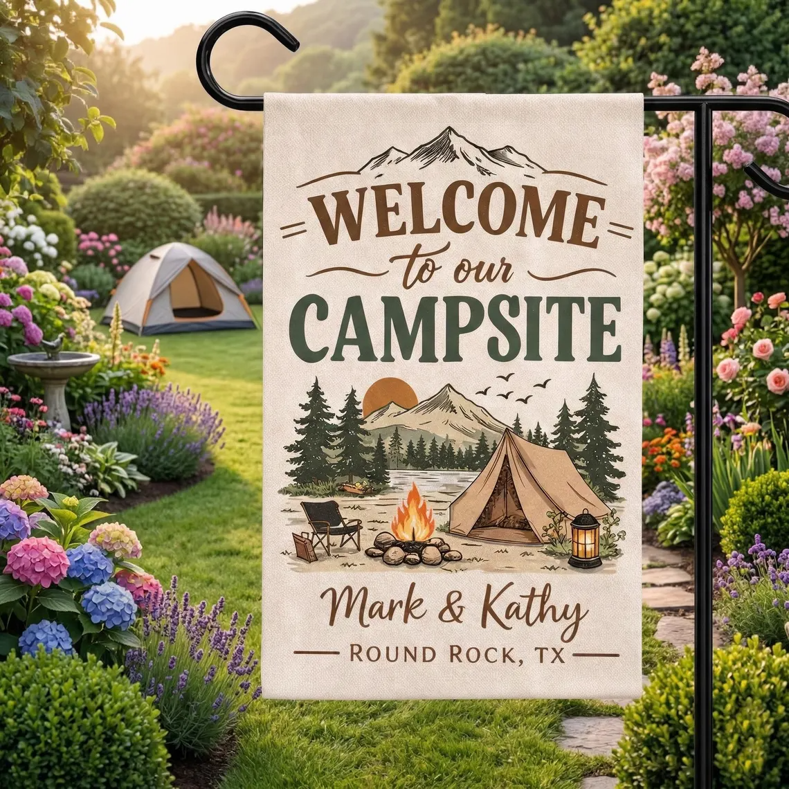 Personalized Camping Garden Flag, Welcome to Our Campsite Flag, Yard Flag Gift for Campers, Custom Banner with Name