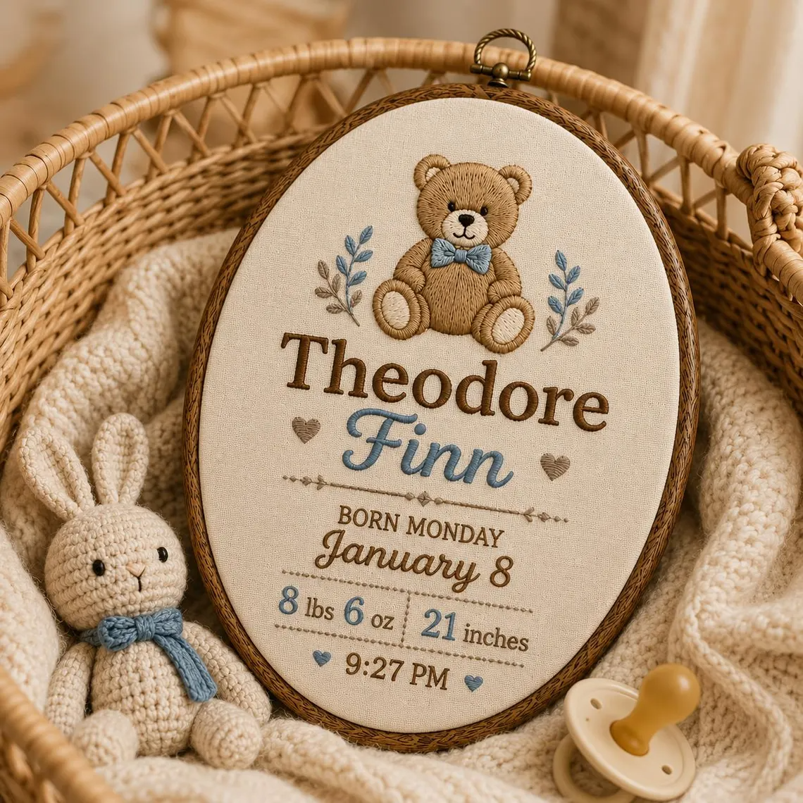 Personalized Birth Announcement Teddy Bear Embroidery Hoop, Custom Baby Name Birth Stats Hoop, Newborn Nursery Wall Decor, Baby Shower Gift