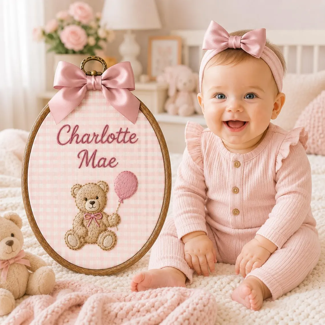 Personalized Embroidered Teddy Bear Baby Name Hoop, Custom Nursery Wall Decor, Baby Name Reveal Sign, Newborn Keepsake Gift