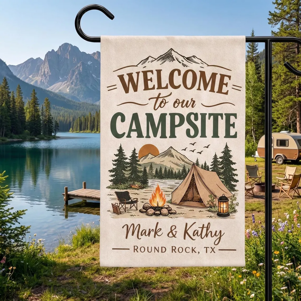 Personalized Camping Garden Flag, Welcome to Our Campsite Flag, Yard Flag Gift for Campers, Custom Banner with Name