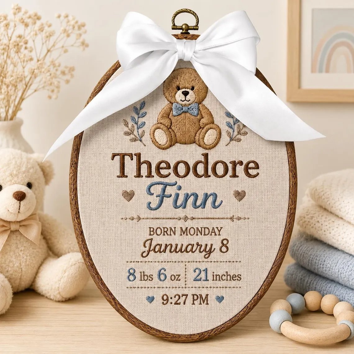 Personalized Birth Announcement Teddy Bear Embroidery Hoop, Custom Baby Name Birth Stats Hoop, Newborn Nursery Wall Decor, Baby Shower Gift