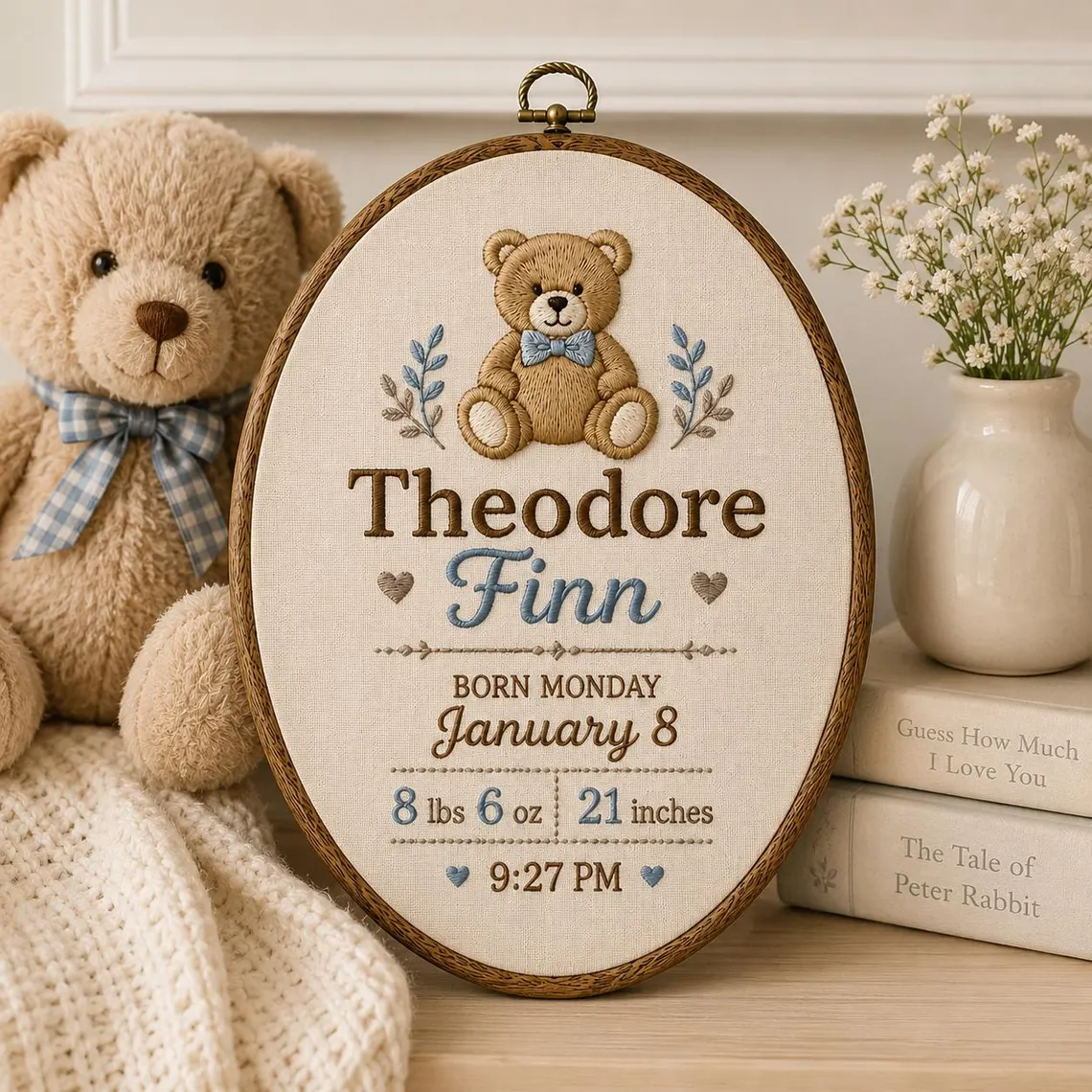 Personalized Birth Announcement Teddy Bear Embroidery Hoop, Custom Baby Name Birth Stats Hoop, Newborn Nursery Wall Decor, Baby Shower Gift