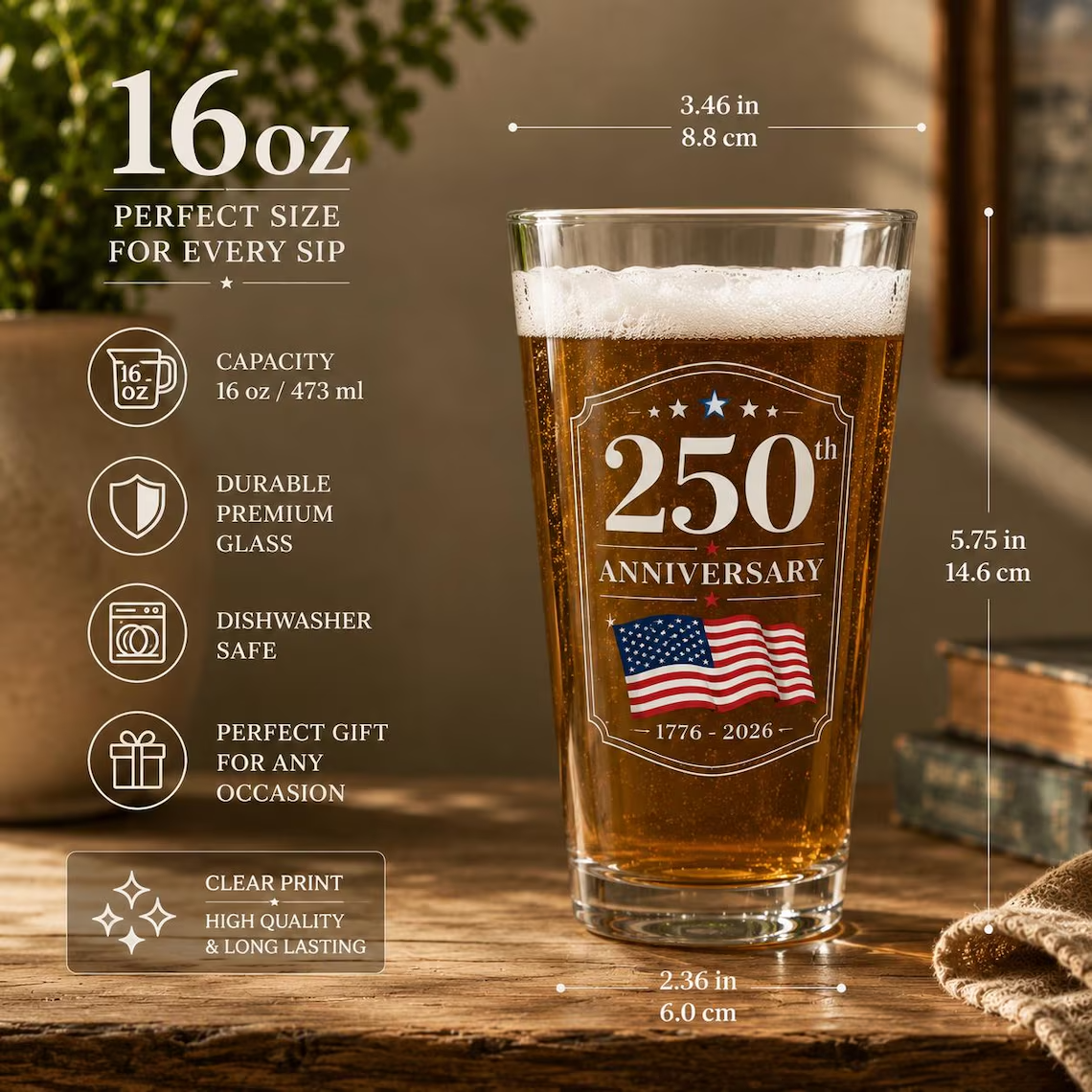 250th Anniversary Pint Glass, USA 1776-2026 Beer Glass, Patriotic American Pub Glass, Independence Day Gift, Bicentennial Celebration Cup