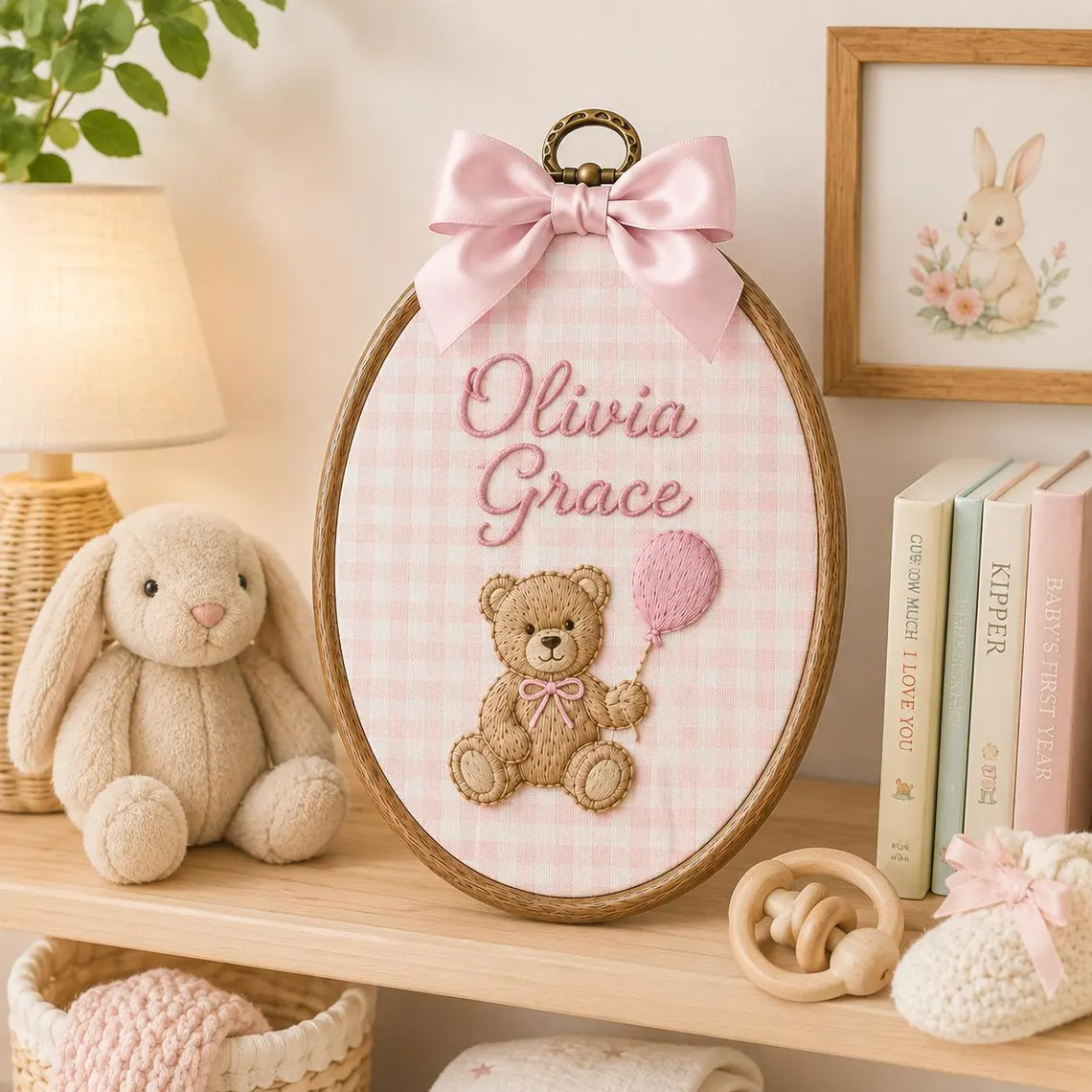 Personalized Embroidered Teddy Bear Baby Name Hoop, Custom Nursery Wall Decor, Baby Name Reveal Sign, Newborn Keepsake Gift