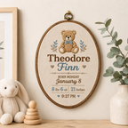 Personalized Birth Announcement Teddy Bear Embroidery Hoop, Custom Baby Name Birth Stats Hoop, Newborn Nursery Wall Decor, Baby Shower Gift