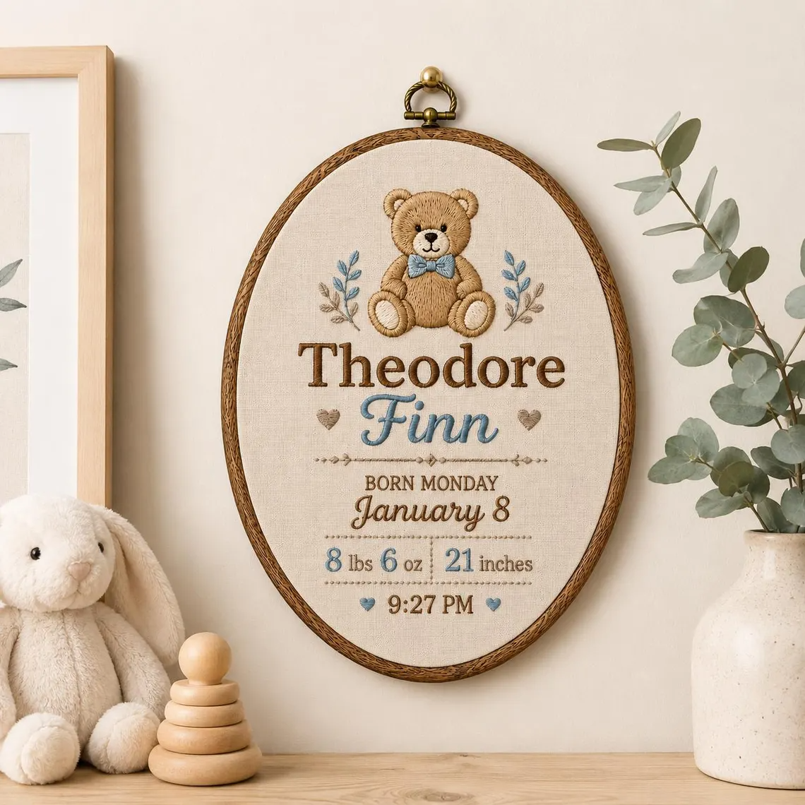 Personalized Birth Announcement Teddy Bear Embroidery Hoop, Custom Baby Name Birth Stats Hoop, Newborn Nursery Wall Decor, Baby Shower Gift
