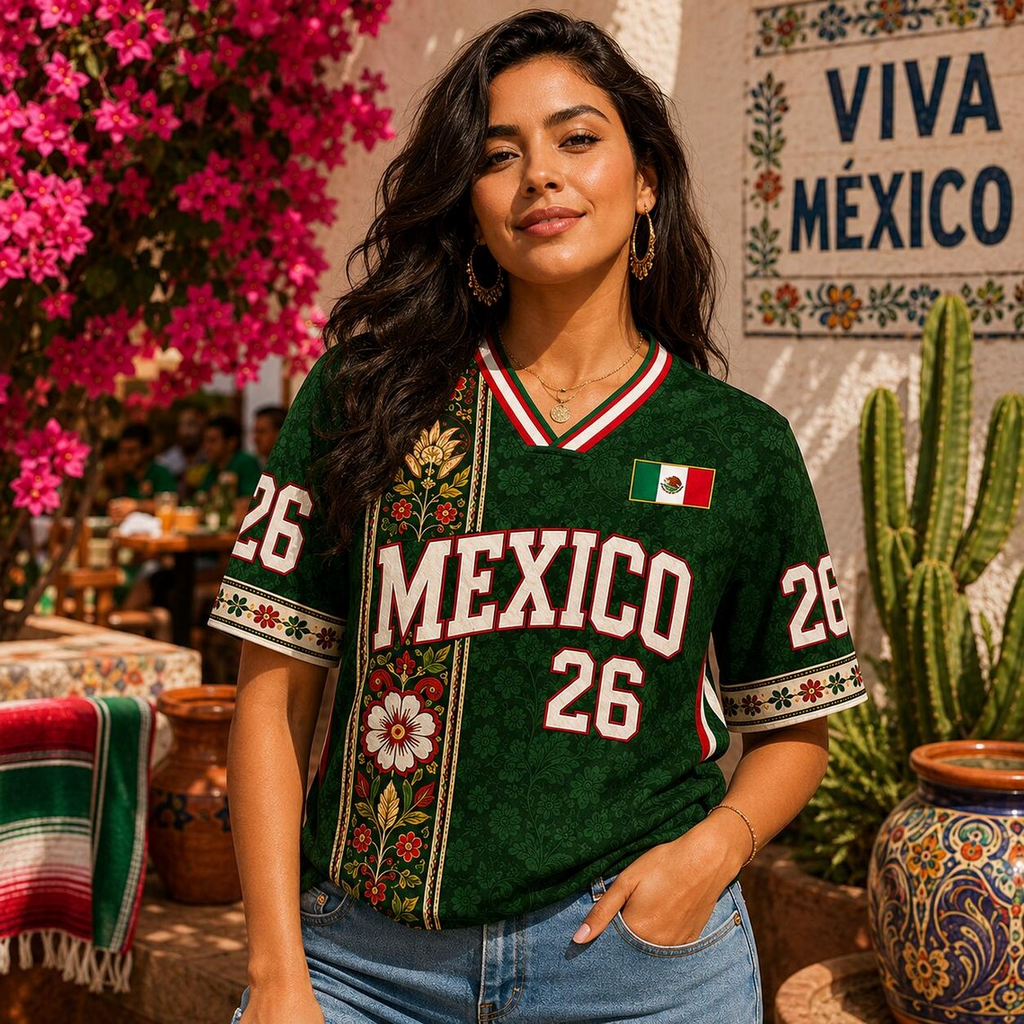 Floral Mexico Soccer Jersey, Custom Green Unisex Football Shirt, 2026 Mexico Fan Shirt, Personalized Game Day Kit